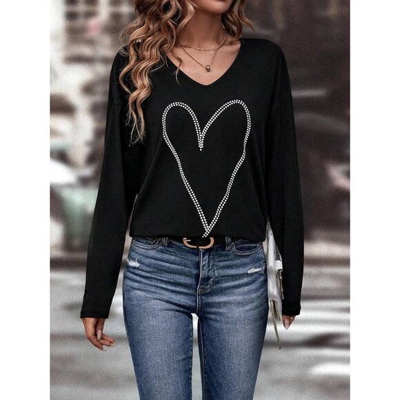 Women Rhinestone Heart V Neck Shirt Cotton Blend Casual Pullover - Picture 2 of 6